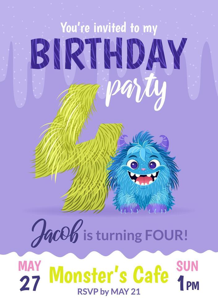 Birthday party invitation card with cartoon monster, hand drawn fluffy number four, and slime. Celebrate a fourth birthday. Happy birthday and Halloween concepts. Vertical postcard or leaflet template vector