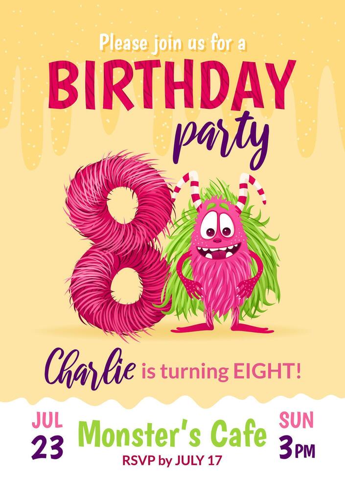 Birthday party invitation card with cartoon monster, hand drawn fluffy number eight, and slime. Celebrate a eighth birthday. Happy birthday and Halloween concepts. Postcard template. vector
