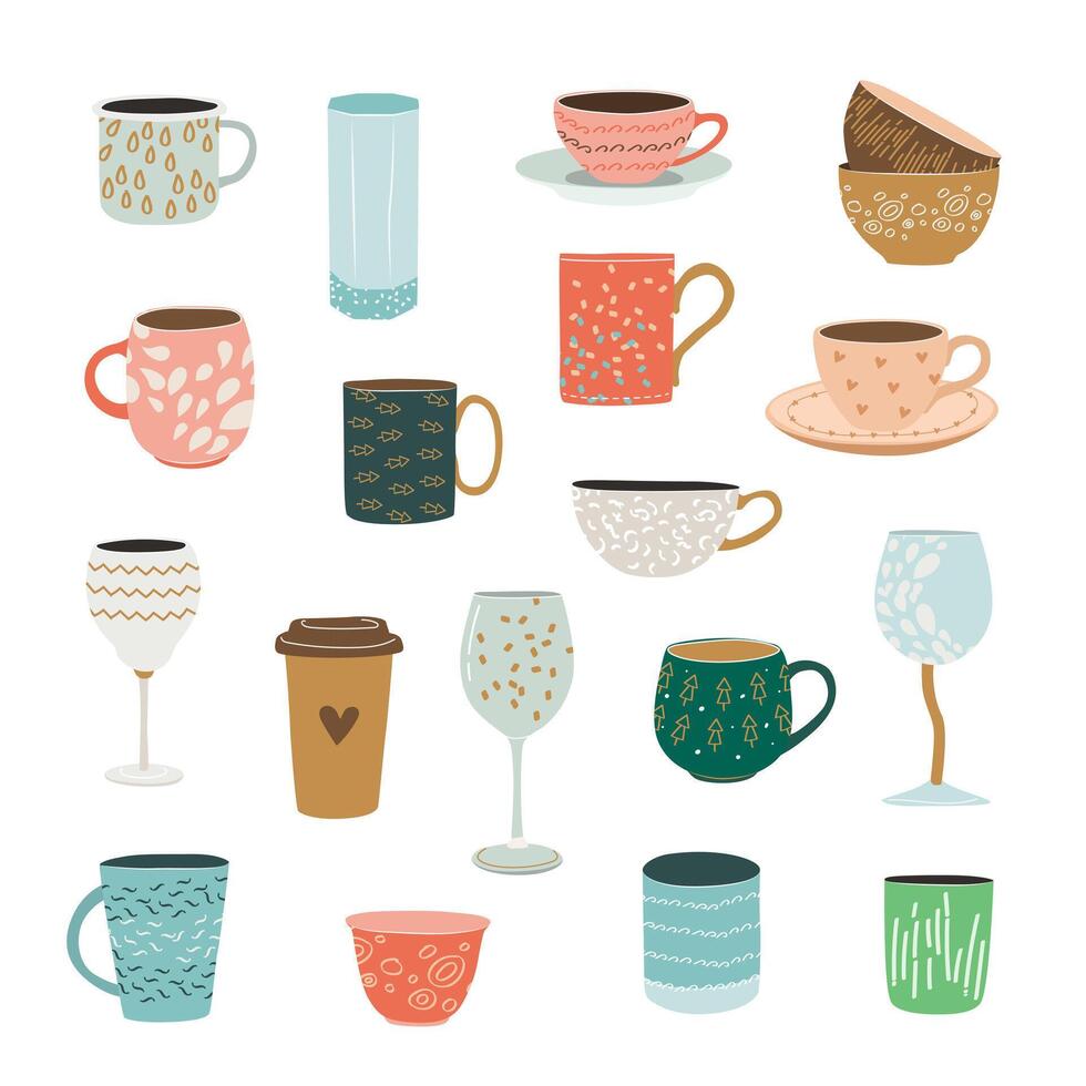 Hand drawn set of tea or coffee cups, mugs, glasses with different ornaments in Scandinavian style. isolated illustrations on white. Clip arts with ceramic crockery. vector