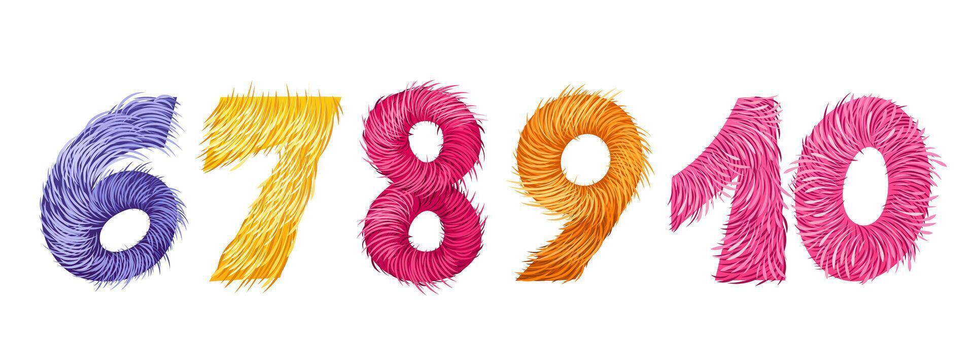 Set of festive furry numbers for childish prints, Happy birthday and Halloween designs. Cute fluffy numbers from 6 to 10 for kids. Isolated clip arts on white background. Hand drawn figures. vector