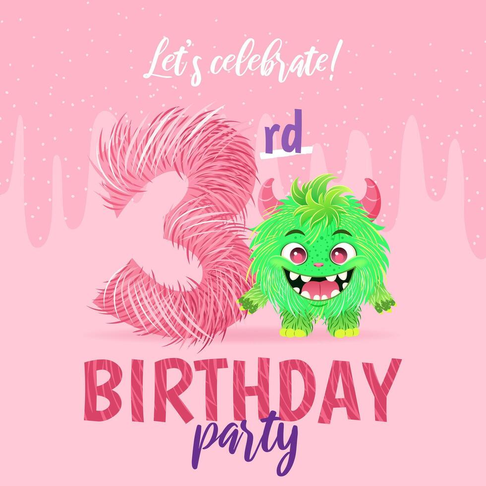 Birthday party invitation card with cartoon monster, hand drawn fluffy number three, and slime. Celebrate a third birthday. Happy birthday and Halloween concepts. vector