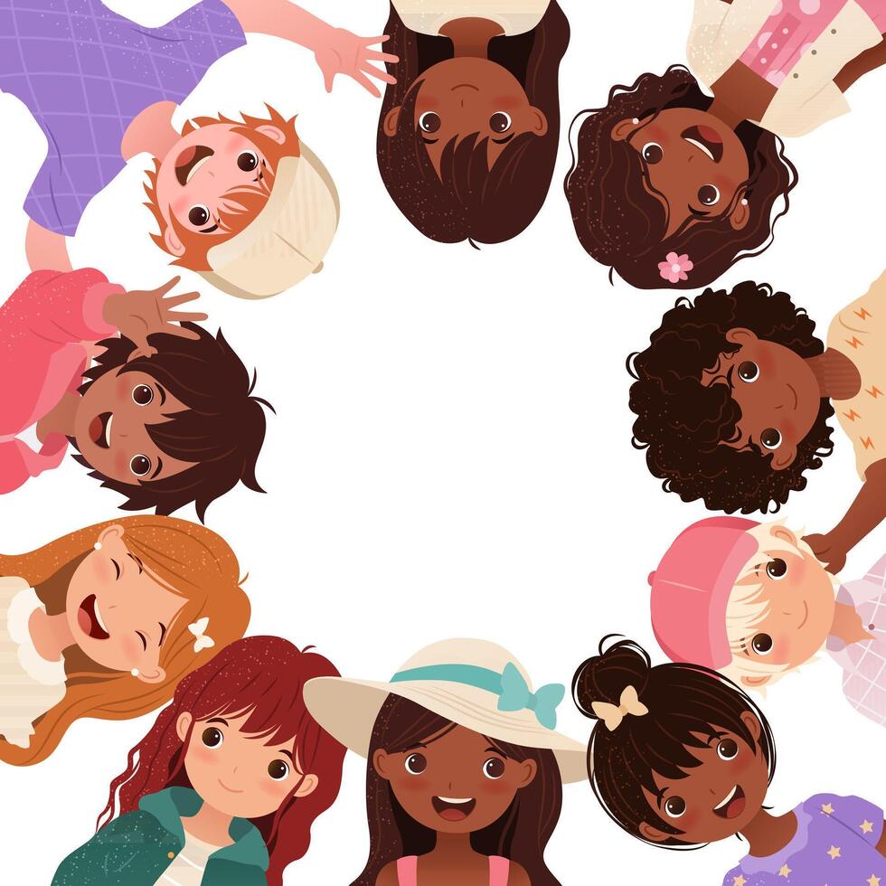 Banner with Multiracial Cartoon Kids. Square template with empty space for your text. Little boys and girls for educational designs, Back to School, greeting cards. Illustration with children vector