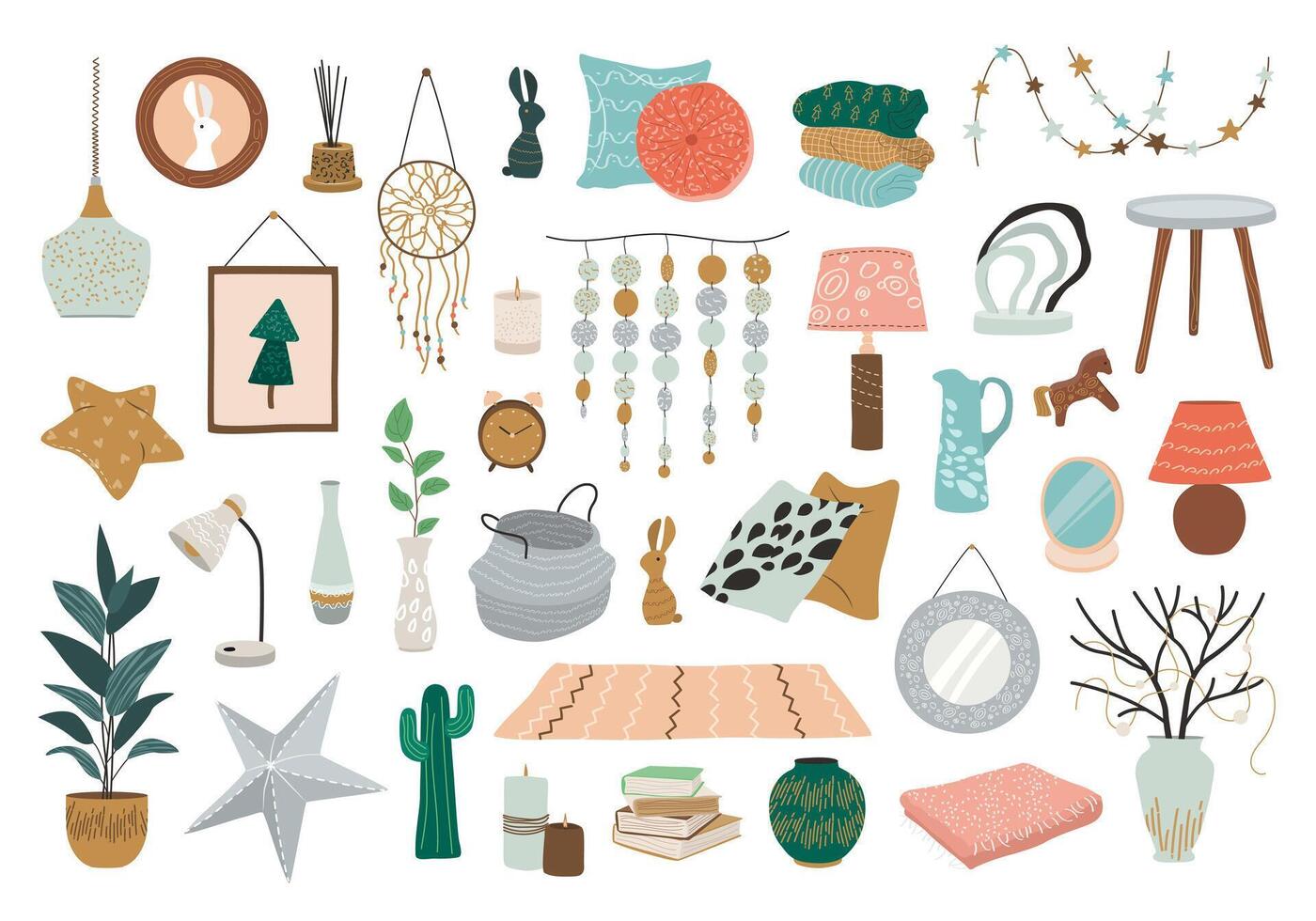 Scandinavian Cozy Home Interior and Decor Set. Modern Accessories for Home. Clip art of Lamps, Paintings, Pillows, Plants, Carpets, Vases, Candles. Isolated Flat Illustrations on White. vector