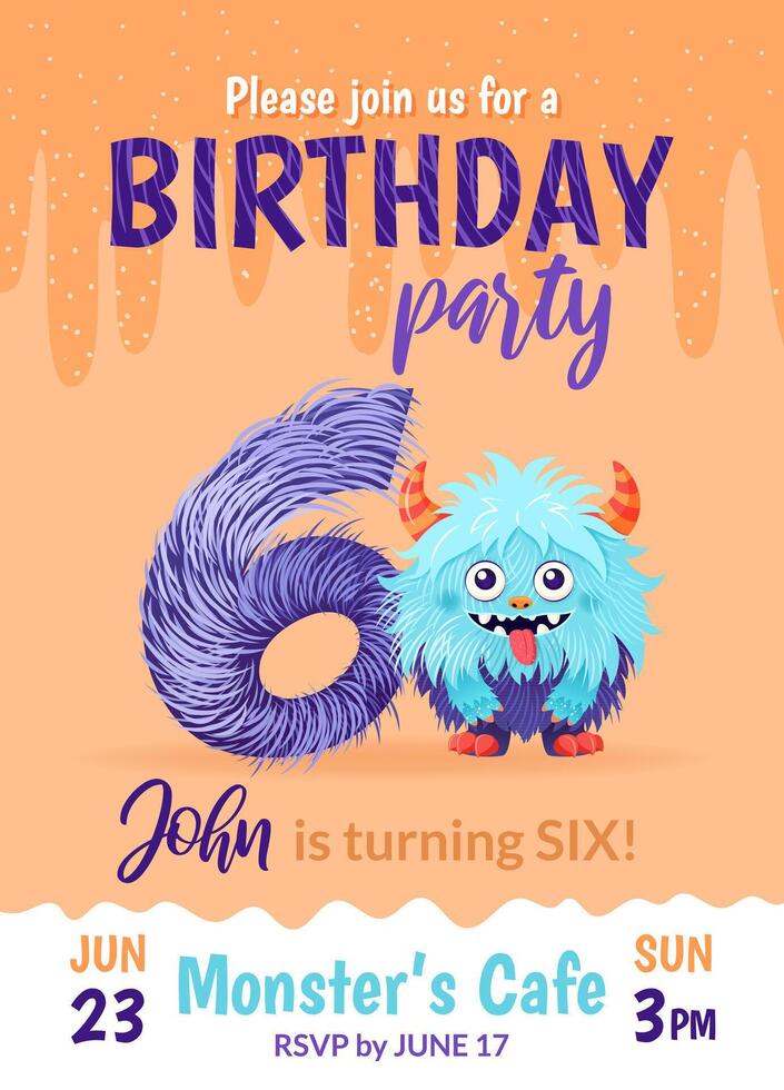 Birthday party invitation card with cartoon monster, hand drawn fluffy number six, and slime. Celebrate a sixth birthday. Happy birthday and Halloween concepts. Postcard template. vector