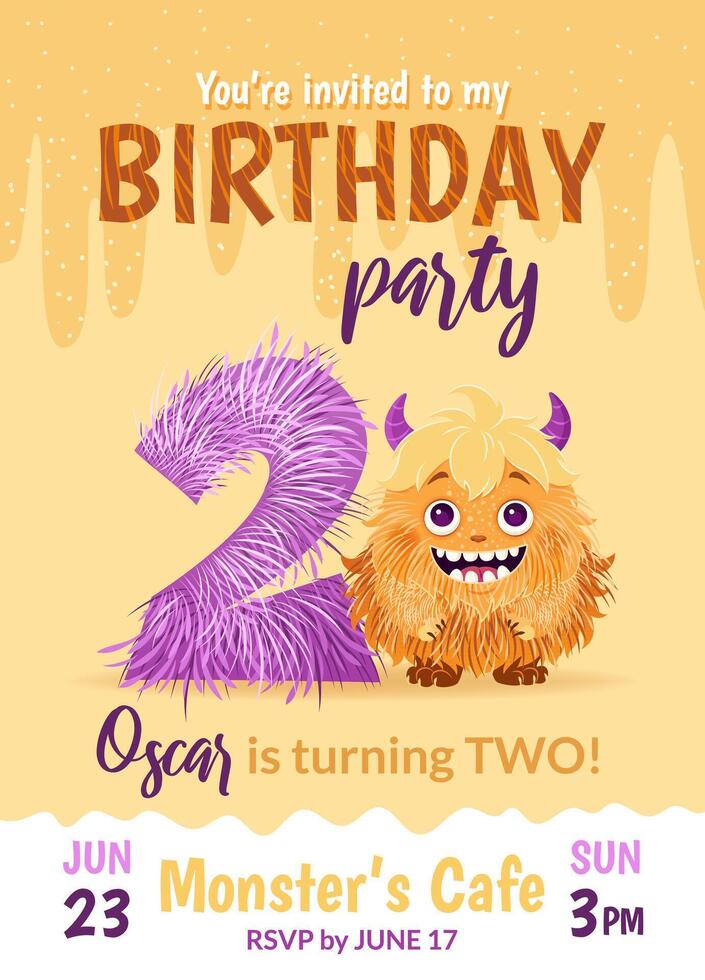 Birthday party invitation card with cartoon monster, hand drawn fluffy number two, and slime. Celebrate a second birthday. Happy birthday and Halloween concepts. Postcard template. vector