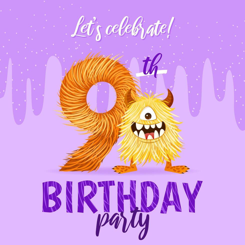 Birthday party invitation card with cartoon monster, hand drawn fluffy number nine, and slime. Celebrate a ninth birthday. Happy birthday and Halloween concepts. Postcard template. vector