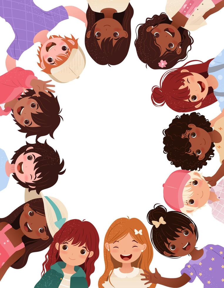Banner with Multiracial Cartoon Kids. Vertical template with empty space for your text. Little boys and girls for educational designs, Back to School, greeting cards. Illustration with children vector