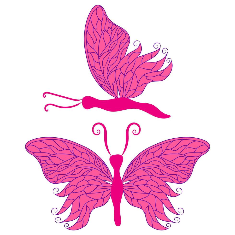 A pink butterfly with blue veins and many antennae on its wings. vector