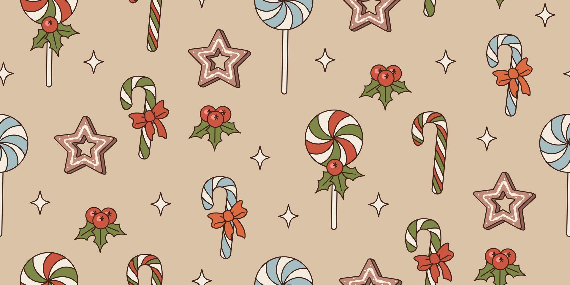 Christmas candy cane and gingerbread seamless pattern. Festive sweet in retro style. Background for Merry Christmas and Happy New Year design vector