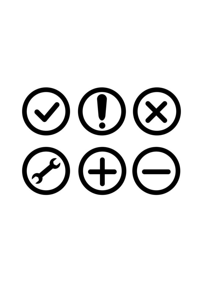 A set of black and white icons that include a wrench, check mark, and cross vector