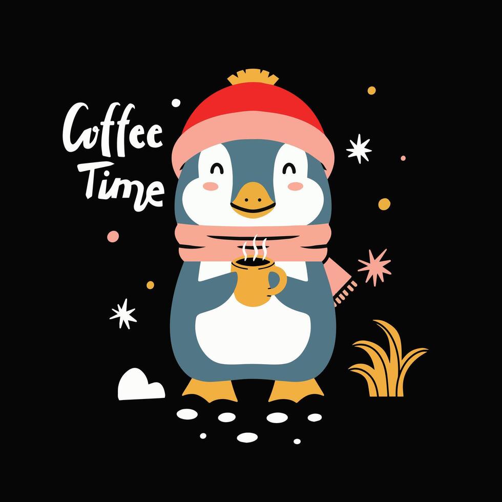 Cute penguin coffee time illustration with tshirt design vector