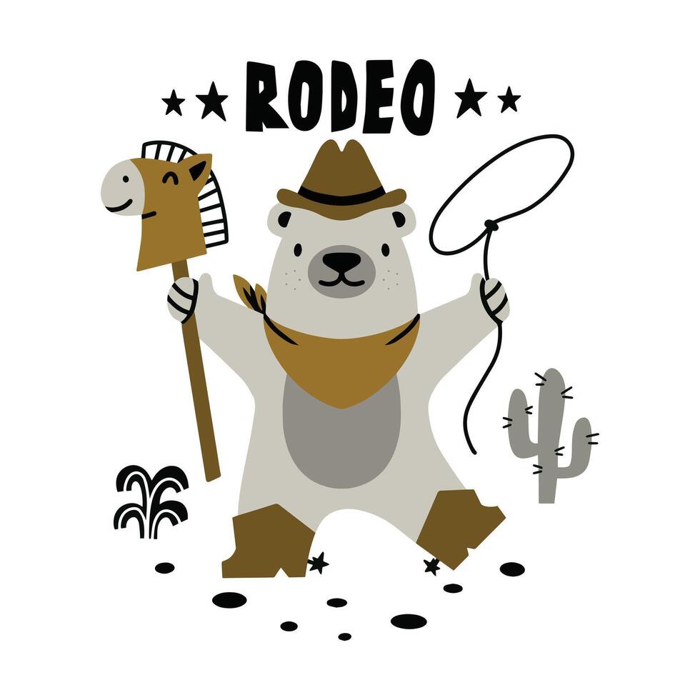 Cute western bear illustration with tshirt design premium vector