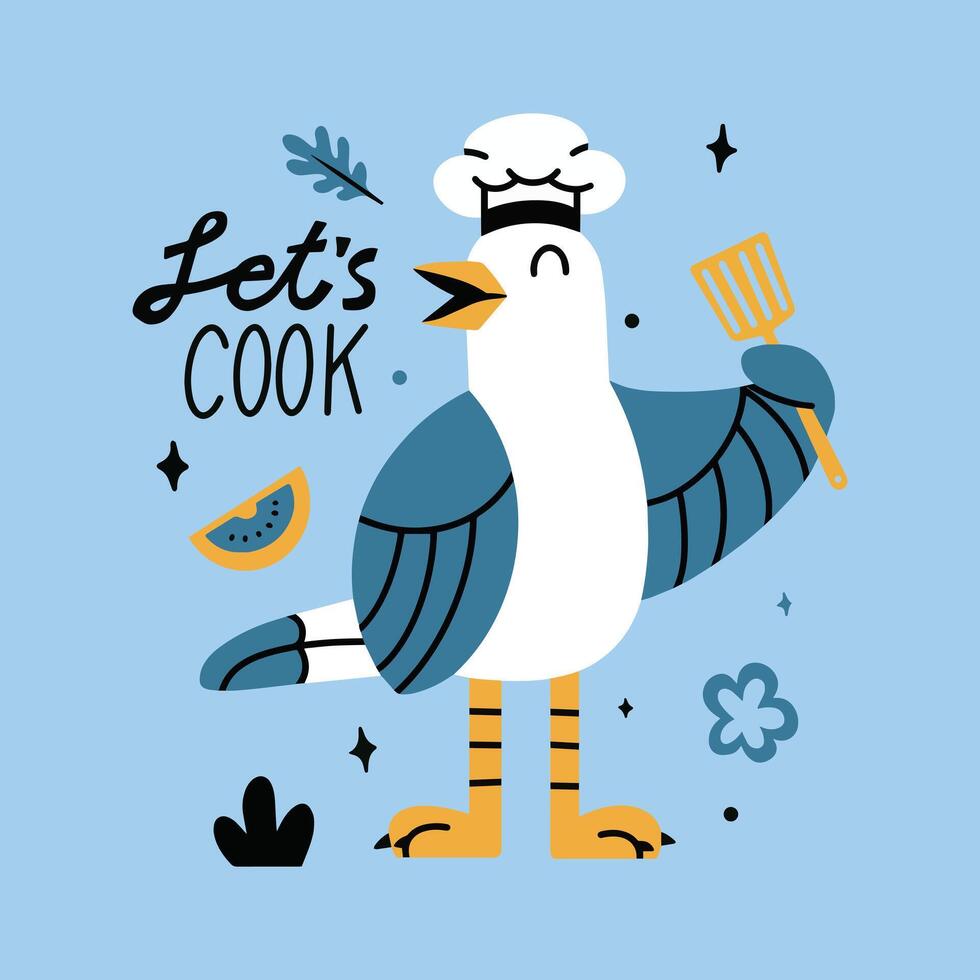 Cute chef seagull illustration with tshirt design vector