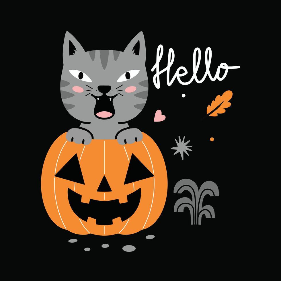 Cute cat halloween illustration with tshirt design vector