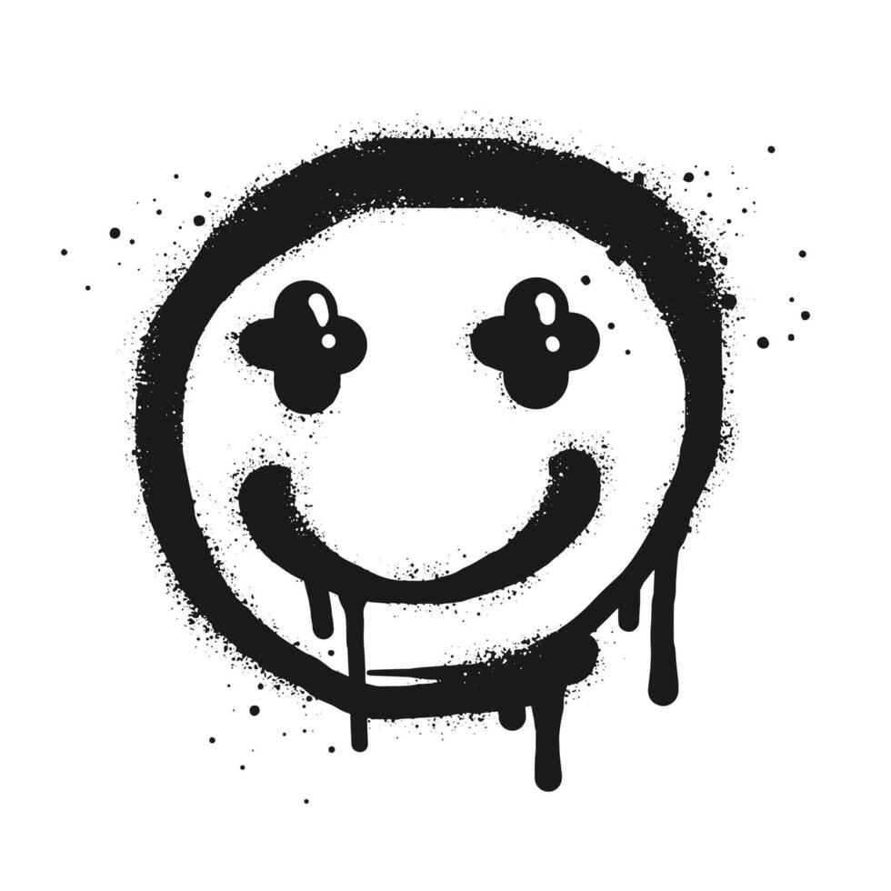 smiling face emoji character. Spray painted graffiti smile face in black over white vector