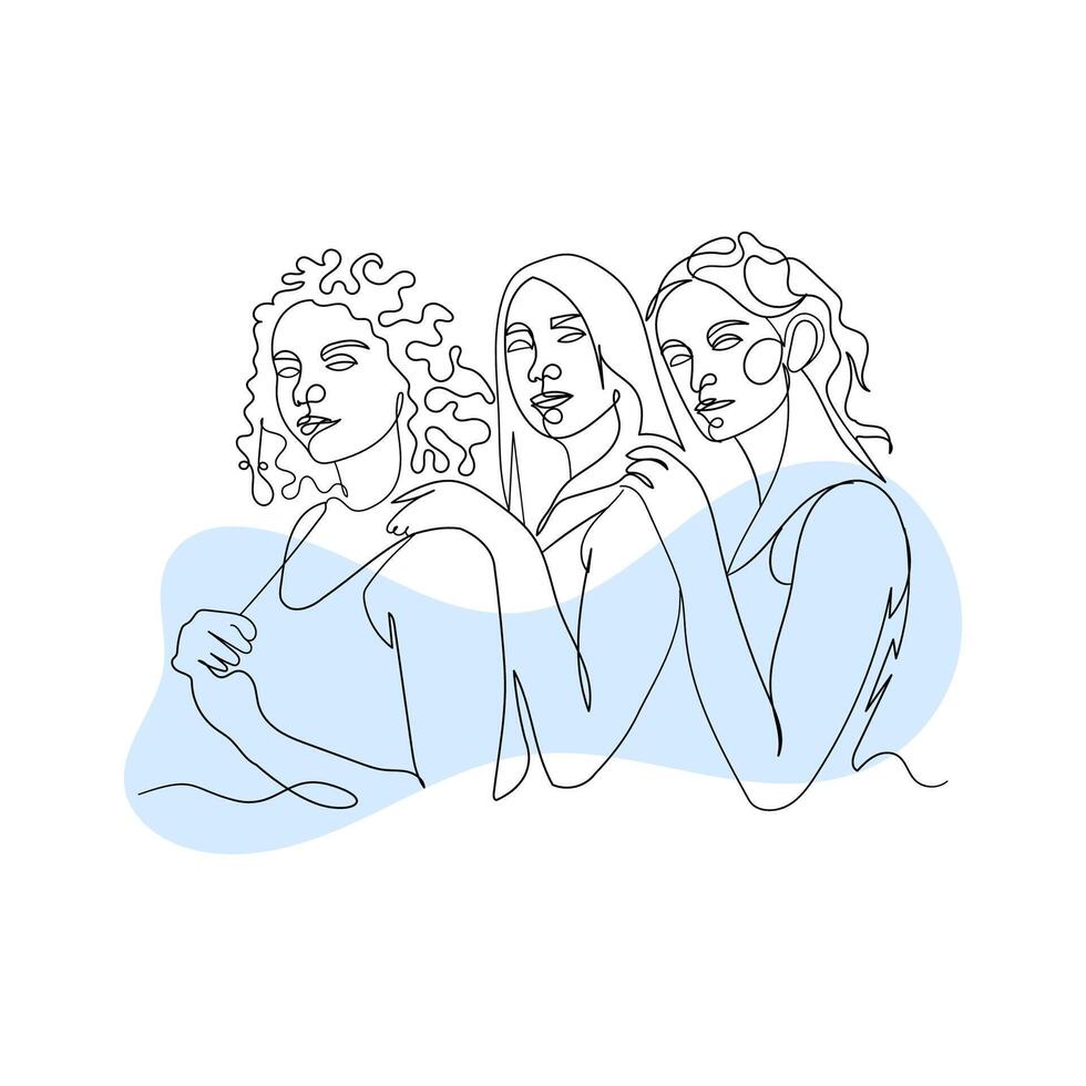 beauty woman group continuous line art vector