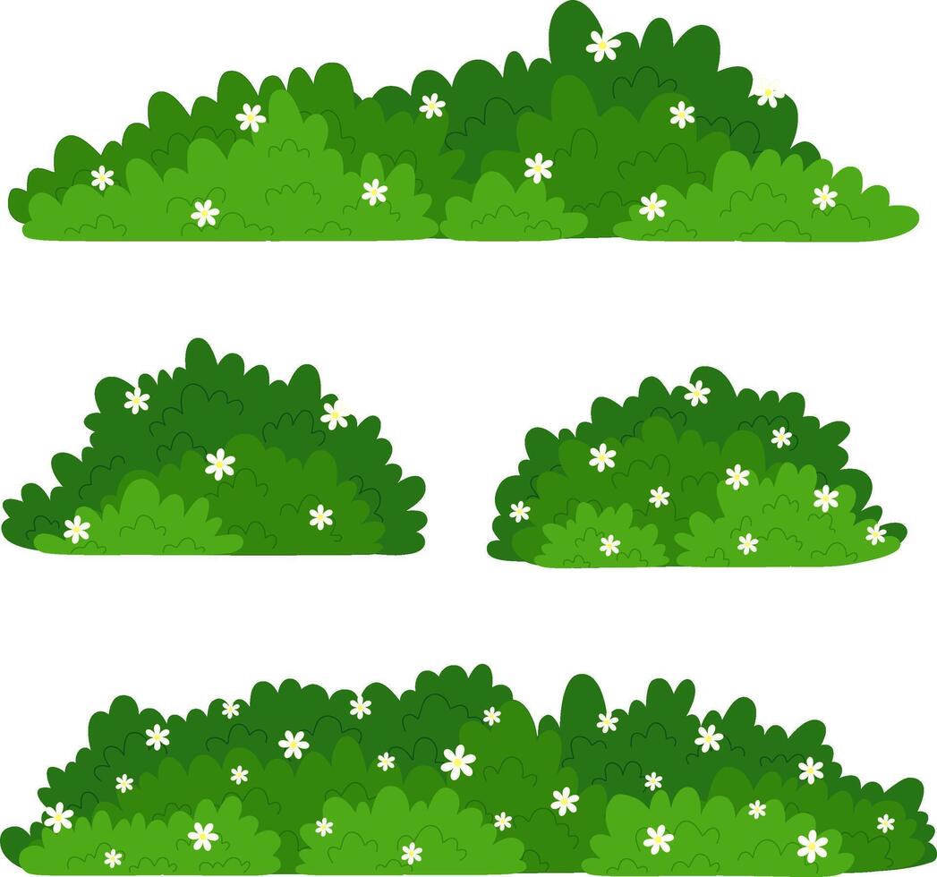 Green Bushes with White Flower Flat Illustration. Simple Grass Element Collection vector