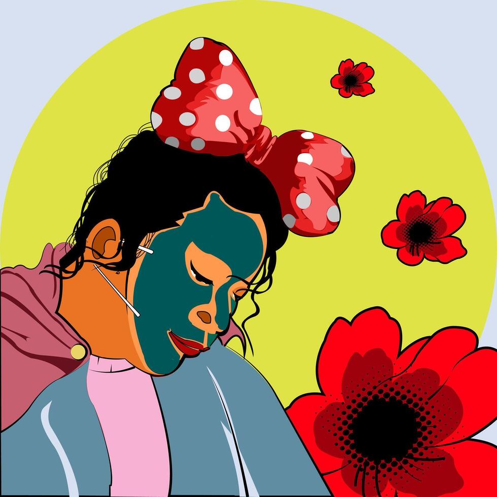 Illustration of a masked girl who is pensive vector