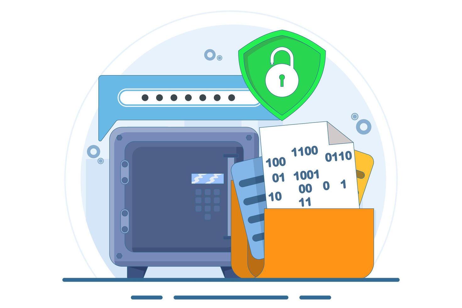 Concept of data encryption vault with password, encryption of personal data on internet resources. technology to protect privacy data. flat illustration on background. vector