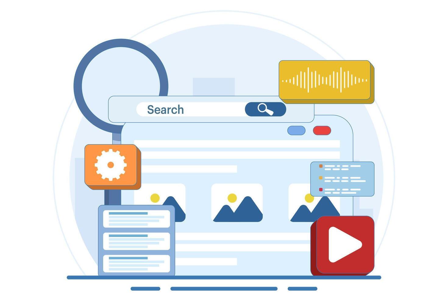 Concept of Search Engine results displayed in a web browser, Search engine optimization, Content marketing, SEO strategy High search engine rankings that drive target audience to a website. vector