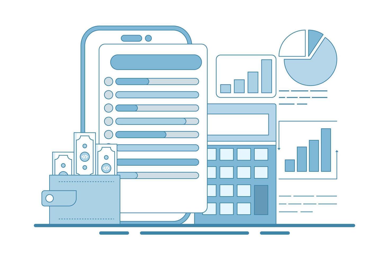 Budget tracker via device, Budgeting app manage finance by tracking income, designed to help spending, for website, homepage, landing page, template, banner in modern flat style. vector
