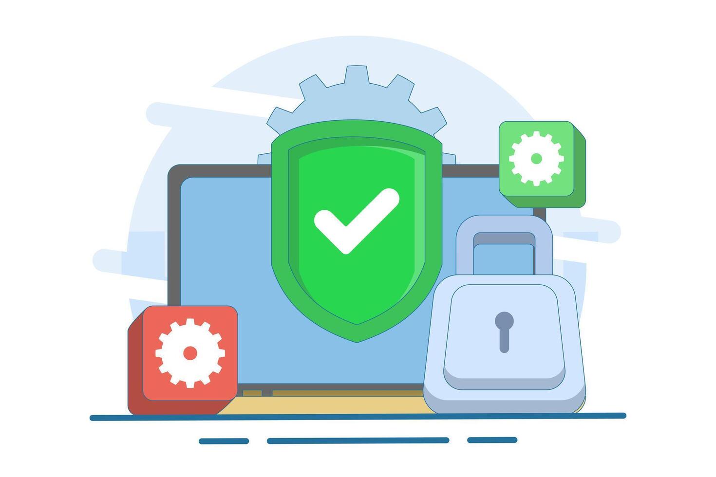 Computer security concept, Device security, PC protected with lock and shield, Firewall protection concept, Privacy access, Personal data, Secure system, Flat illustration template. vector
