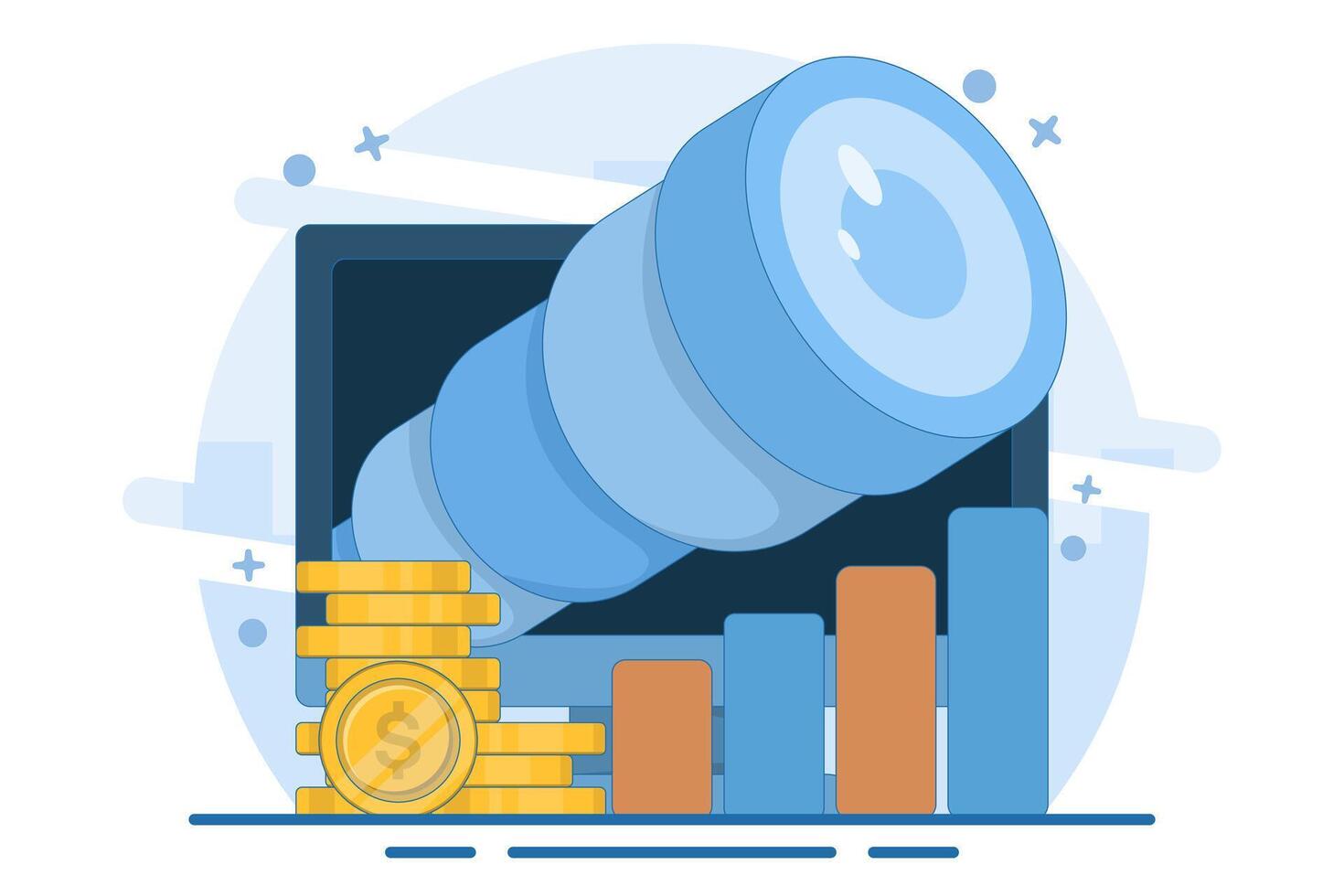 business opportunity concept. vision and future. seeking profit and money. a visionary seeks opportunities and chances to succeed using a telescope. flat illustration on background. vector