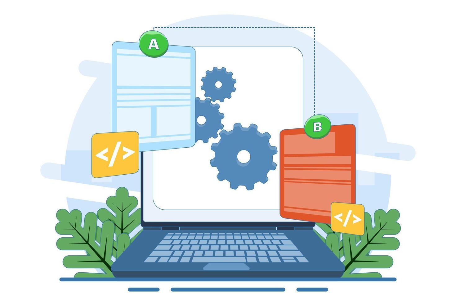 AB testing concept, Comparison of separate wireframe applications on smart device display, comparing test results between 2 website design pages. Flat illustration. vector