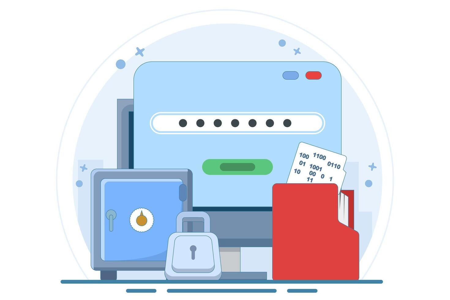 Concept of data encryption vault with password, encryption of personal data on internet resources. technology to protect privacy data. flat illustration on background. vector