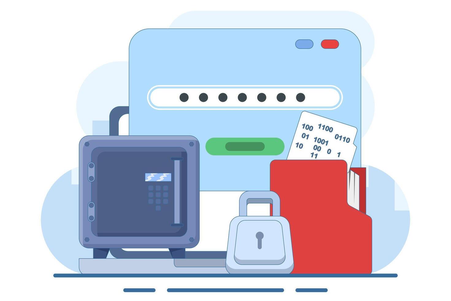 Concept of data encryption vault with password, encryption of personal data on internet resources. technology to protect privacy data. flat illustration on background. vector
