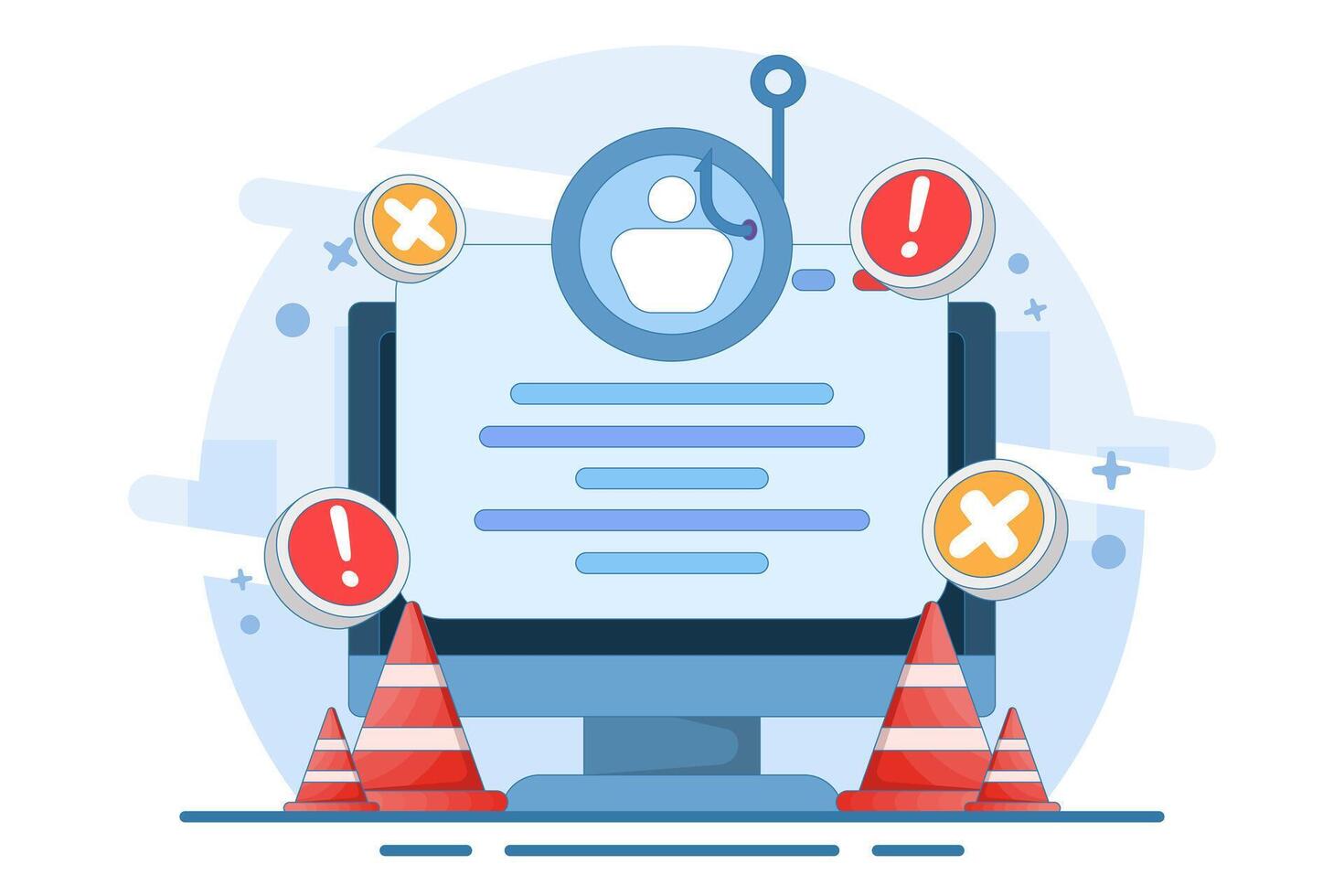 phishing website warning concept. dangerous and suspicious website. account theft prevention. login page illustration with cross and warning. flat illustration on background. vector