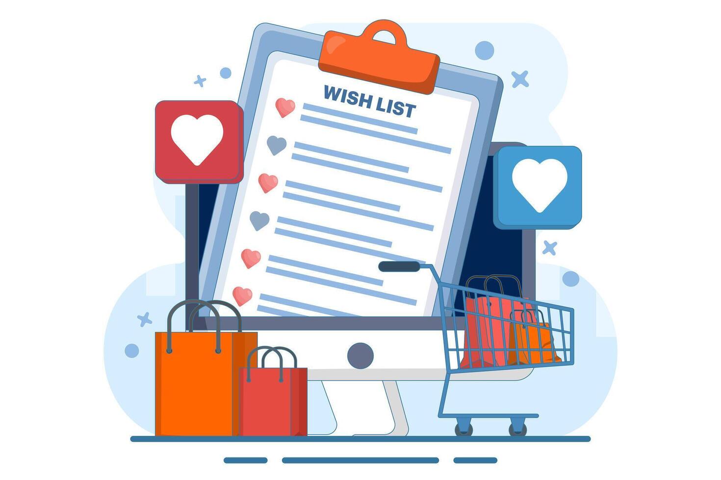 shopping wish list concept, online product wish list, gift and shopping list, my order list, add to cart, products in stock, retail store, e-commerce website, user account abstract metaphor. vector