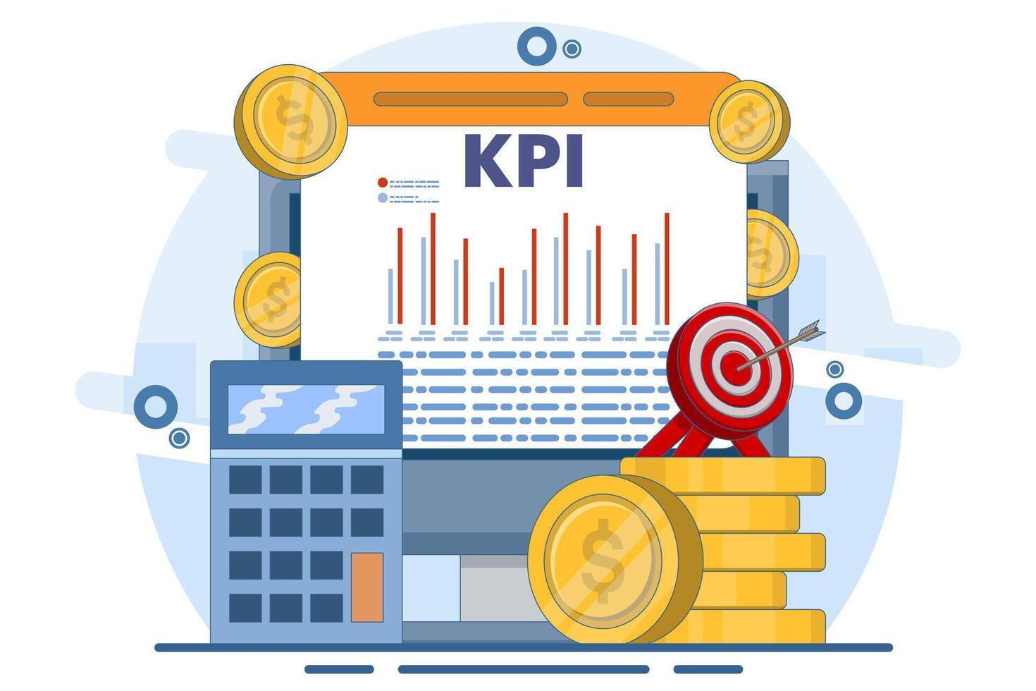 Technical concept of business key performance indicators or KPI, Performance evaluation and dynamics on dashboard, Strategy, Data Report, Efficient workflow. Flat illustration. vector