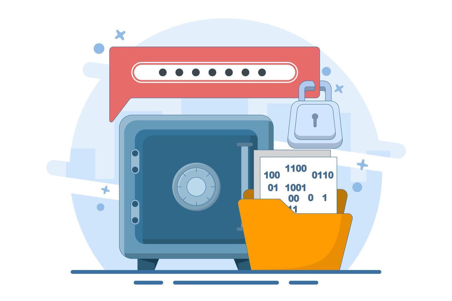 Concept of data encryption vault with password, encryption of personal data on internet resources. technology to protect privacy data. flat illustration on background. vector