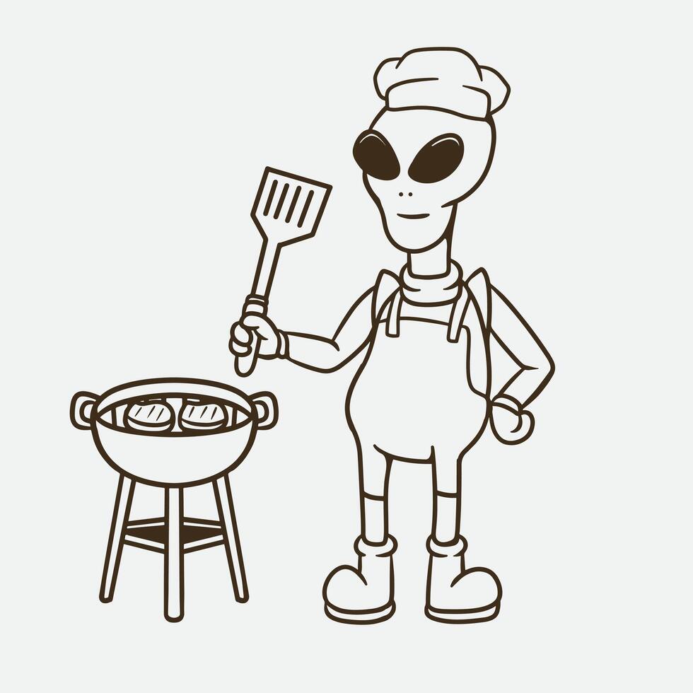 mascot alien with barbeque outfit good for coloring book, mascot design, element design, etc vector