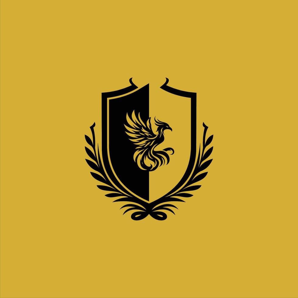 striking crest features a phoenix rising from flames, beautifully framed by intricate gold background designs template vector
