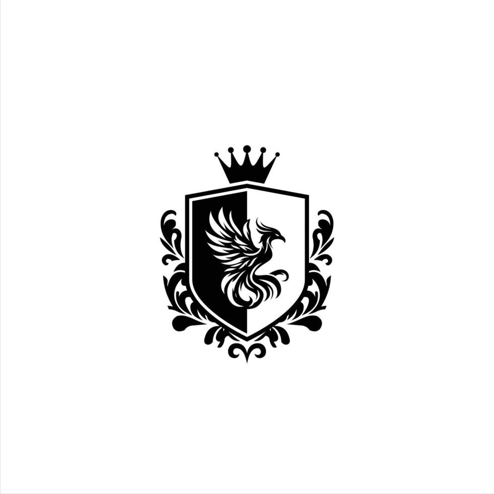 This striking crest features a phoenix rising from flames, beautifully framed by intricate floral designs and a crown above vector