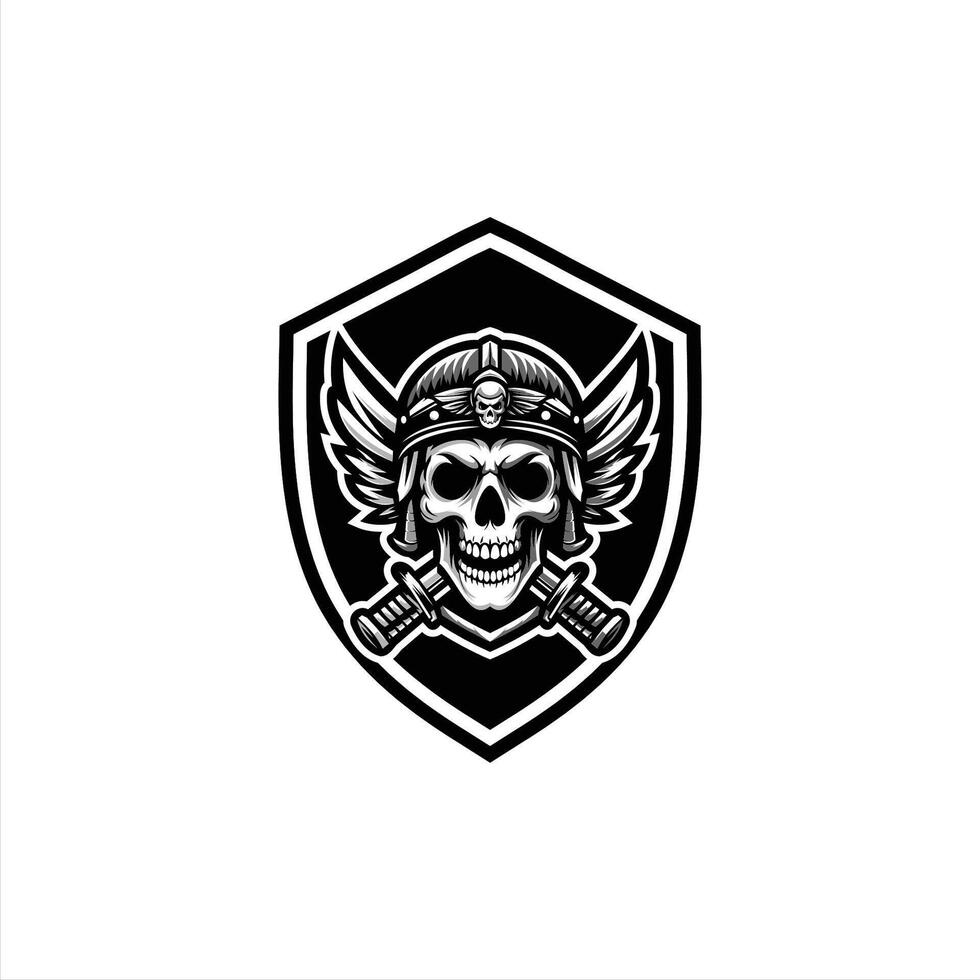 emblem showcases a fierce skull adorned with wings and crossed swords design template vector