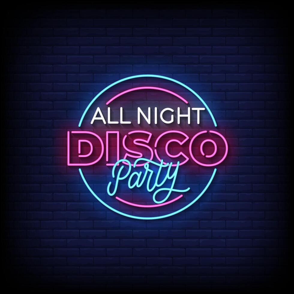 disco party neon sign with brick wall background vector