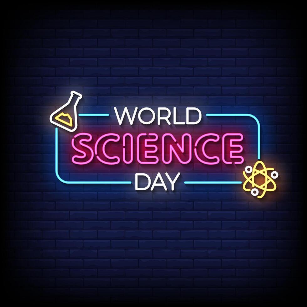 world science day neon sign with brick wall background vector