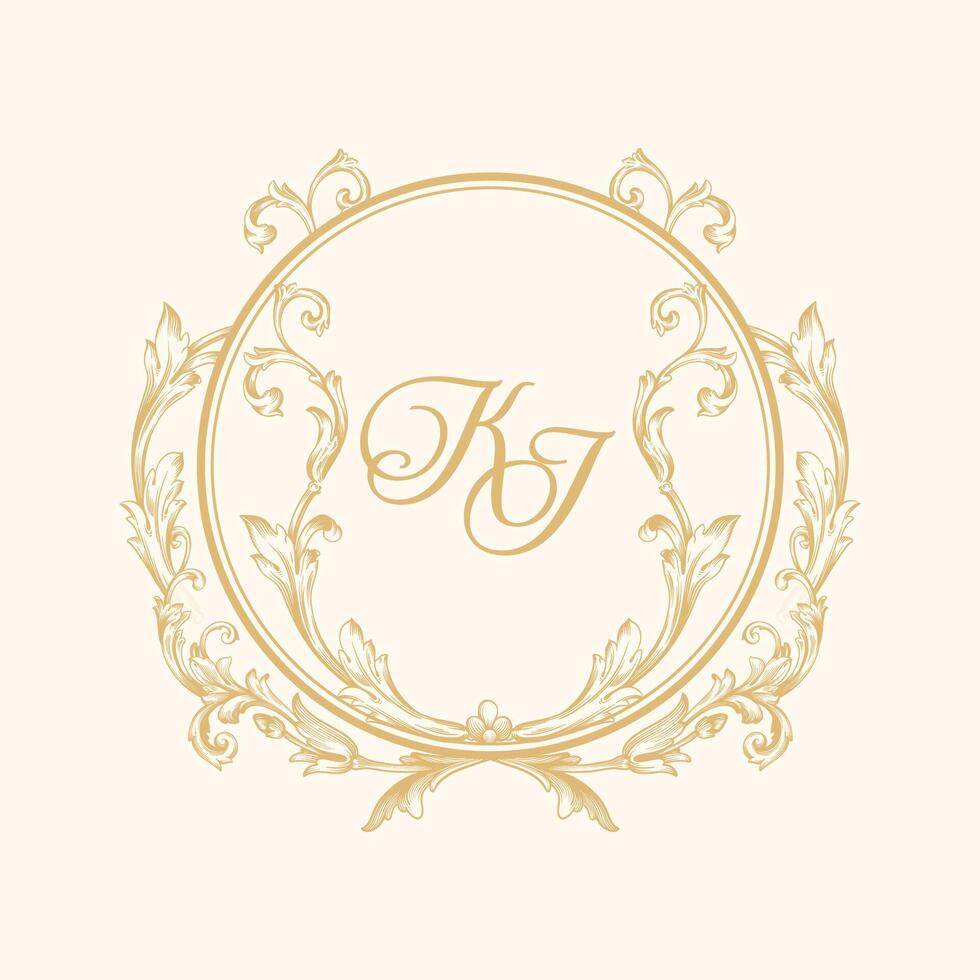 Elegant KJ initials in a circular, ornamental baroque frame with floral elements, classic and regal look, used for personal or wedding Invitation. vector
