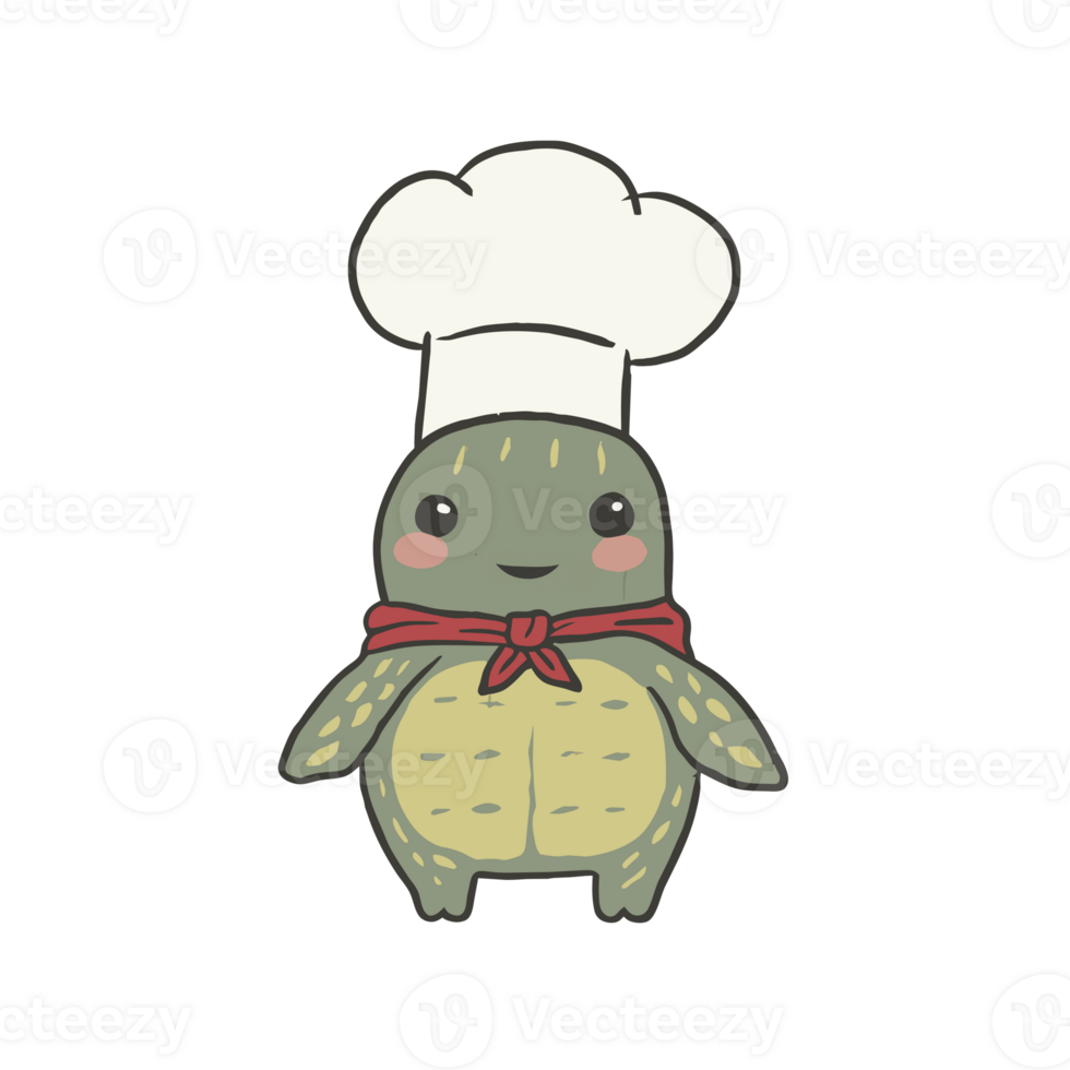 A cute turtle character wears a chef's hat and red scarf, smiling warmly cutouts png