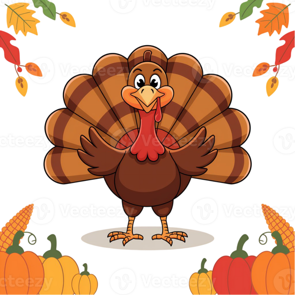 A turkey stands at the center, surrounded by autumn leaves, pumpkins, and corn cutouts png