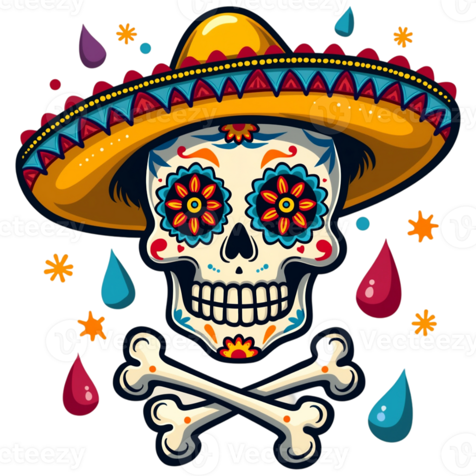 A vibrant, decorated skull wearing a colorful sombrero is surrounded by splashes of bright colors. cutouts png