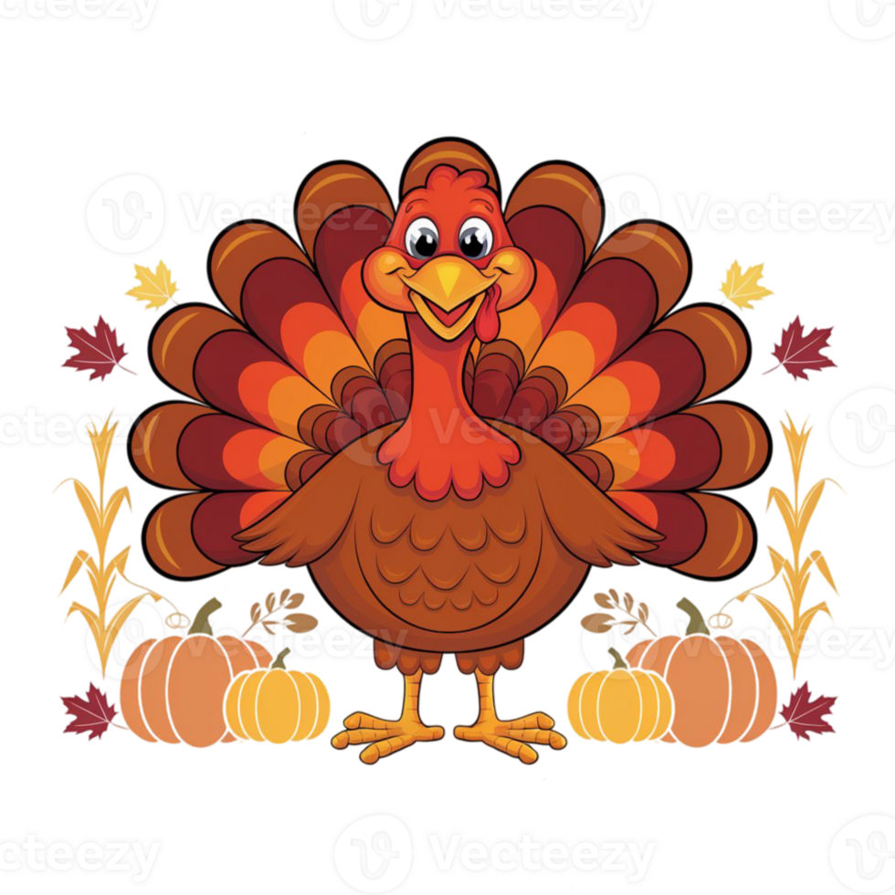 A cartoon turkey stands with vibrant, multicolored feathers spread wide. cutouts png