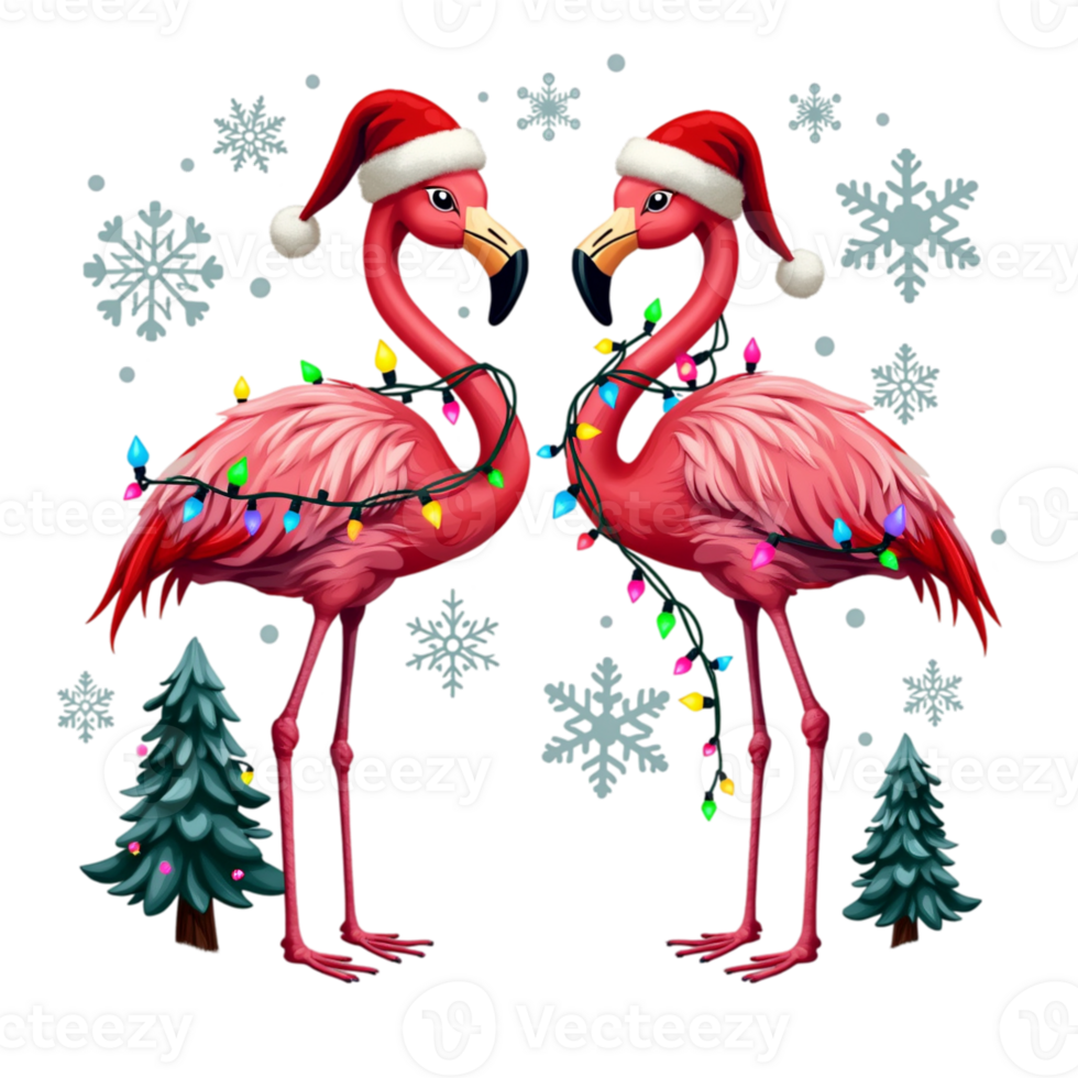 Two flamingos wearing red Santa hats stand amidst falling snowflakes, with colorful Christmas lights cutouts png
