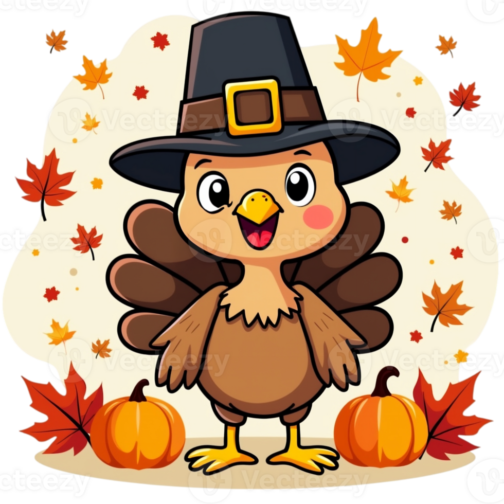 A baby turkey wearing a pilgrim hat is surrounded by falling autumn leaves and pumpkins cutouts png