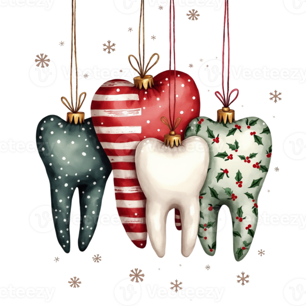 four tooth-shaped ornaments hang festively, each adorned with unique holiday patterns and colors cutouts png