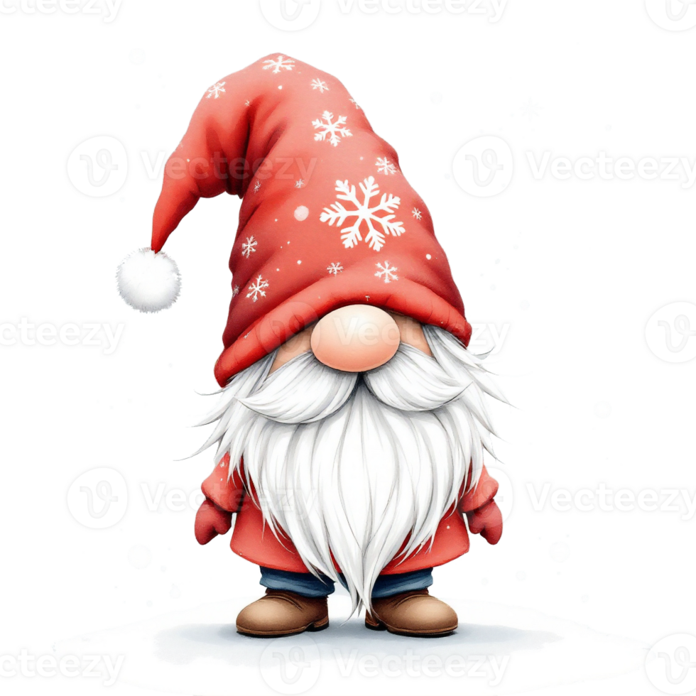 A charming gnome stands in the snow, wearing a red hat adorned with a large white snowflake. cutouts png