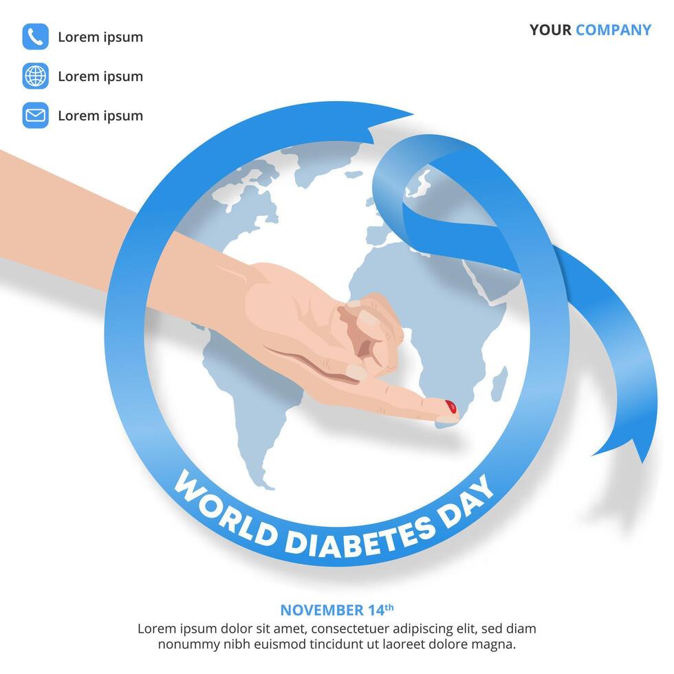 World Diabetes Day background with a bloody hand and a circle blue ribbon vector